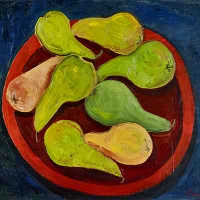 Pears in red plate